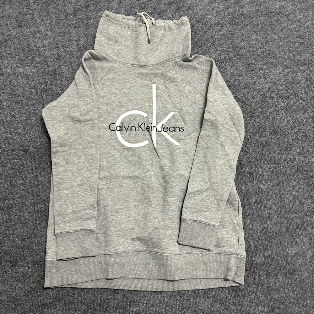 Calvin Klein Jeans Sweatshirt Womens Size S Gray Cowl Neck Logo Pullover Relaxed